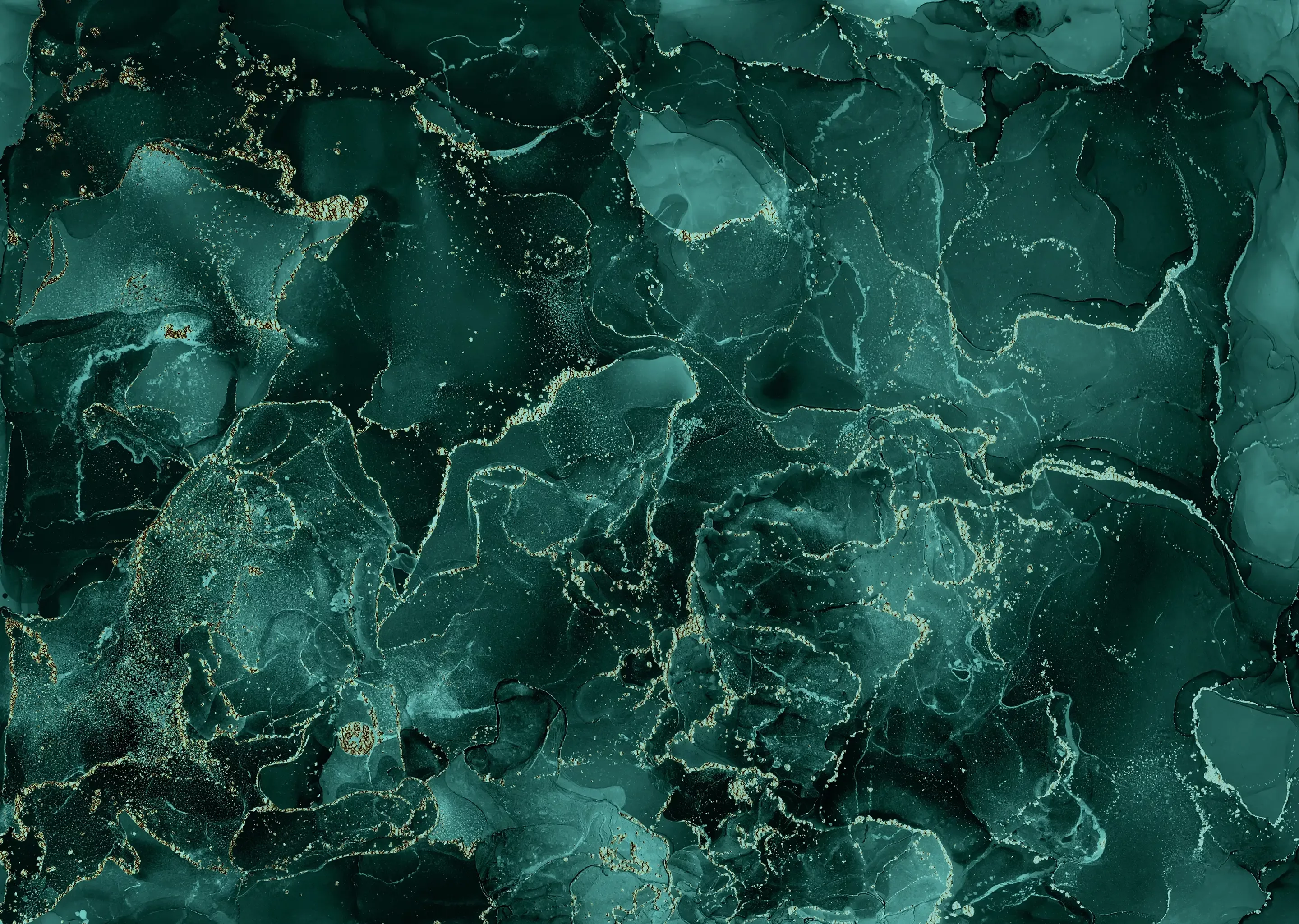 Abstract green marble texture with swirling gold veins, resembling natural stone patterns.