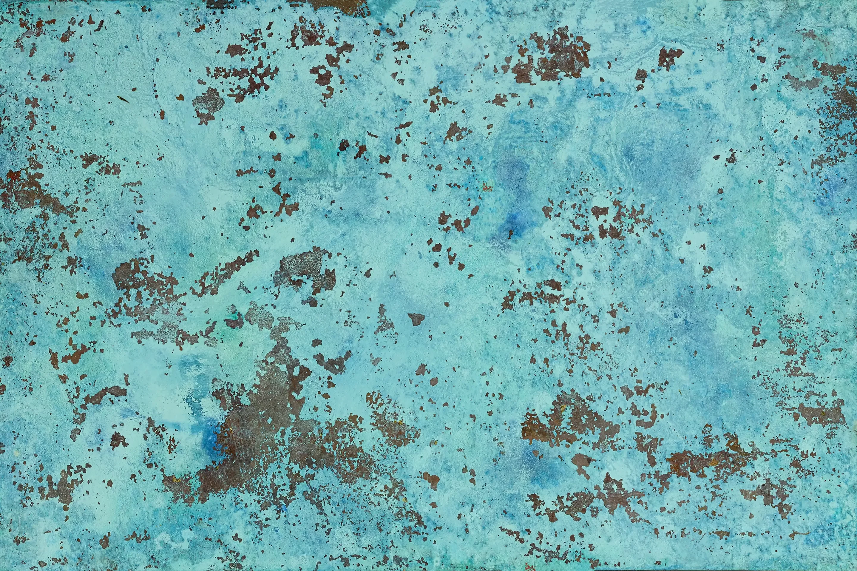 A textured teal background with rust-like brown splotches scattered throughout, creating a distressed, aged effect
