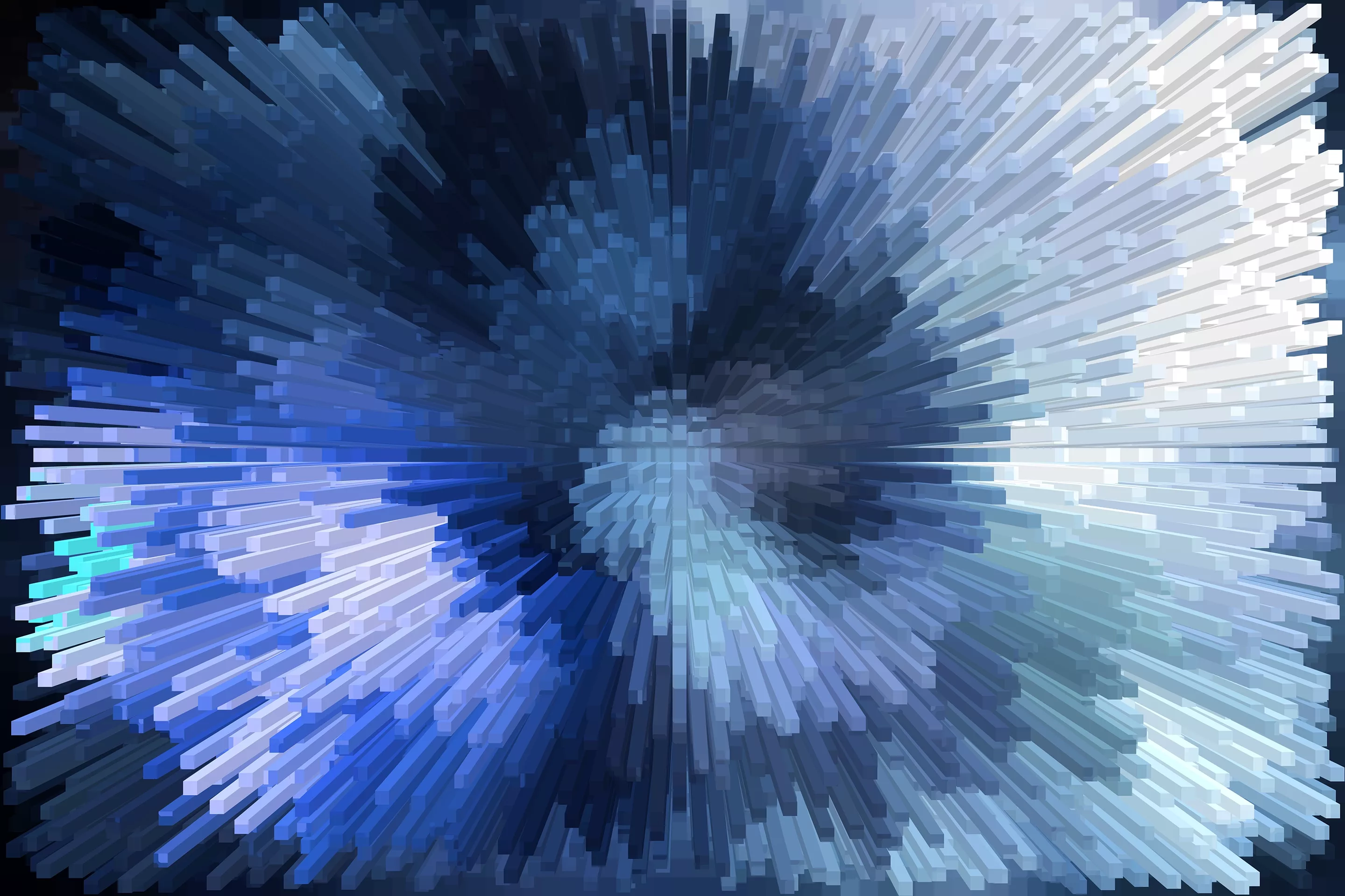 Abstract image featuring a burst of elongated 3D blocks in shades of blue and white, creating a dynamic, energetic sense of depth and motion..