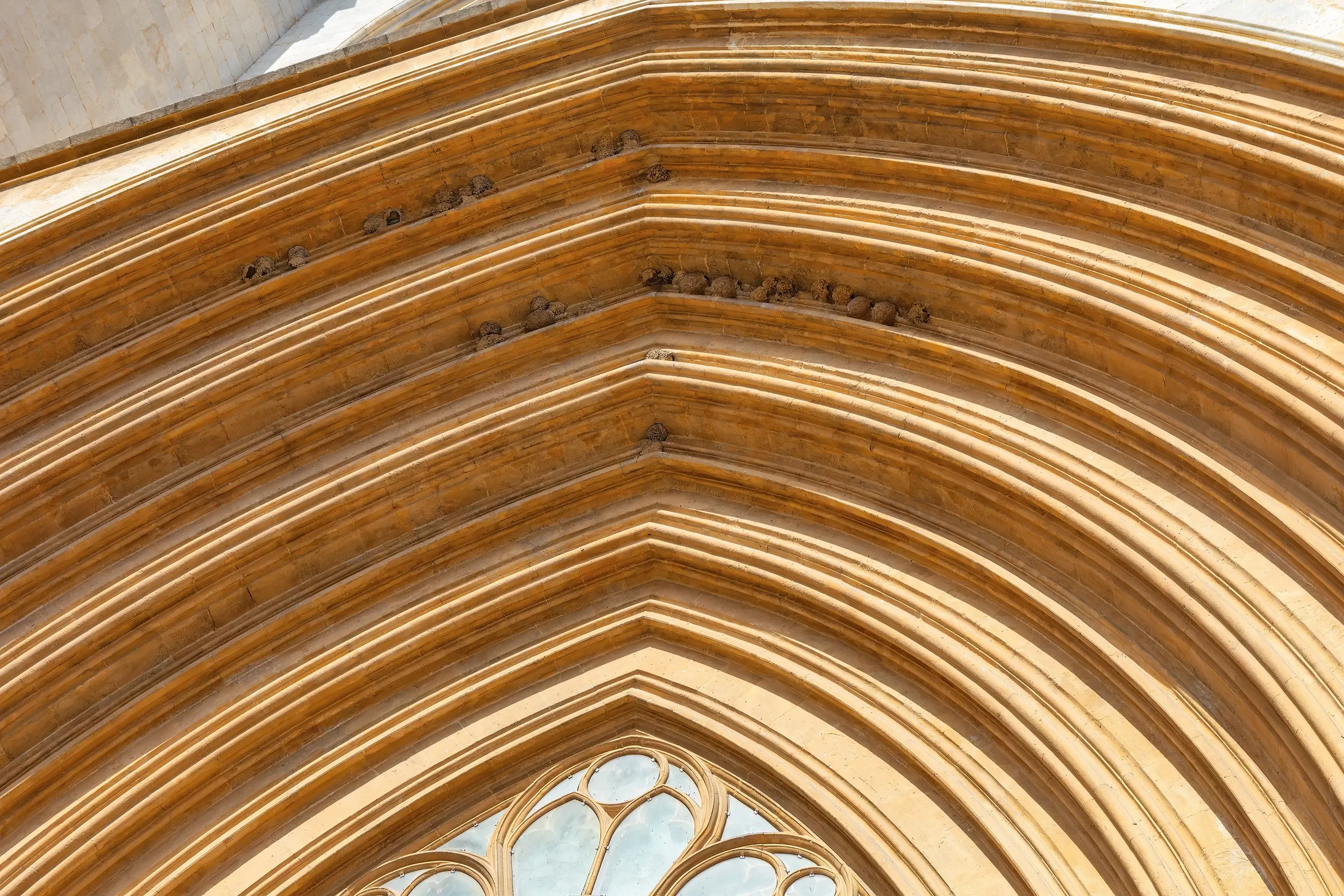 Close-up of a Gothic cathedral arch, featuring detailed, sunlit stonework and pointed, symmetrical lines. A peaceful, historic ambiance is conveyed.
